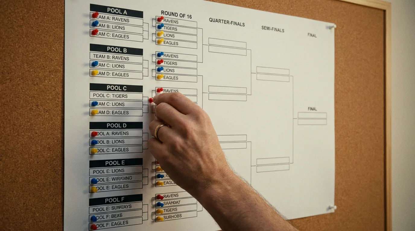 Rugby World Cup 2027 tournament bracket showing six pools feeding into a Round of 16 knockout stage