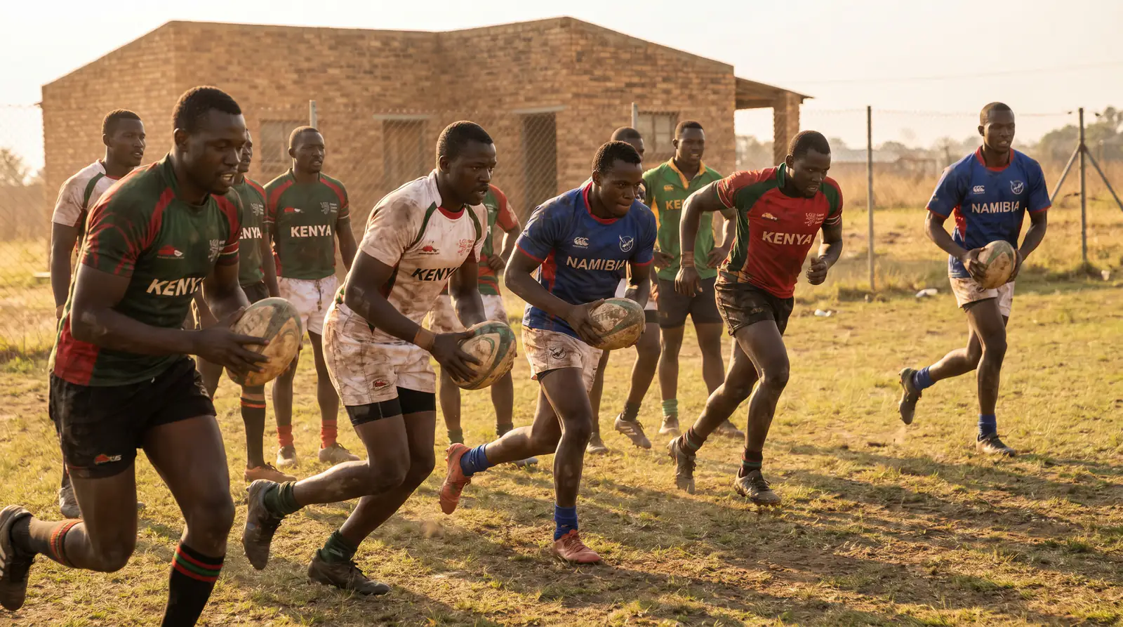Emerging rugby nation players training on pitch preparing for first Rugby World Cup appearance