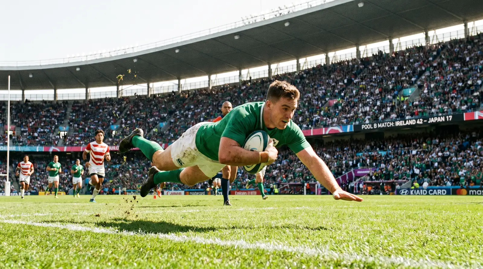 Tier 1 rugby team running in try against newly qualified opponent during World Cup pool stage
