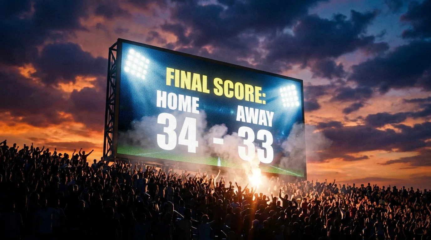 Scoreboard displaying tight winning margin in a Rugby World Cup final