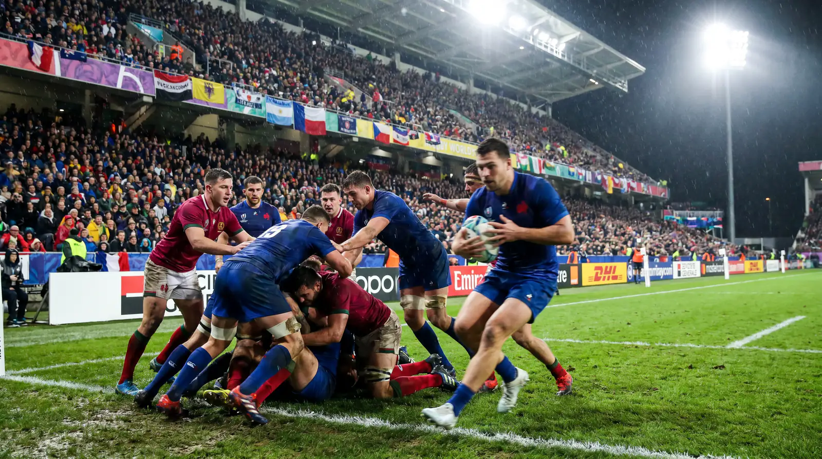 Rugby world cup historical match scene with teams competing in a tournament knockout fixture