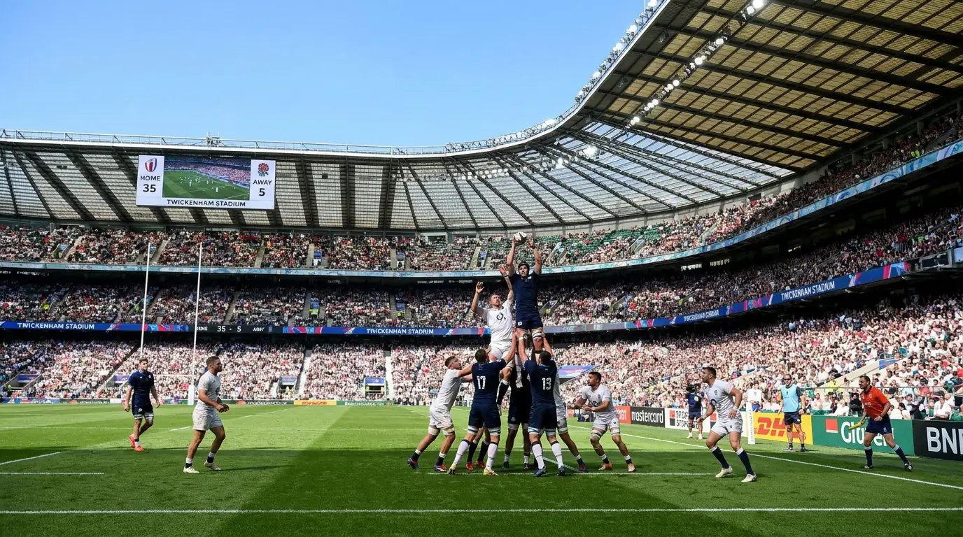 Rugby teams competing in pool stage match with visible scoreboard displaying point differential