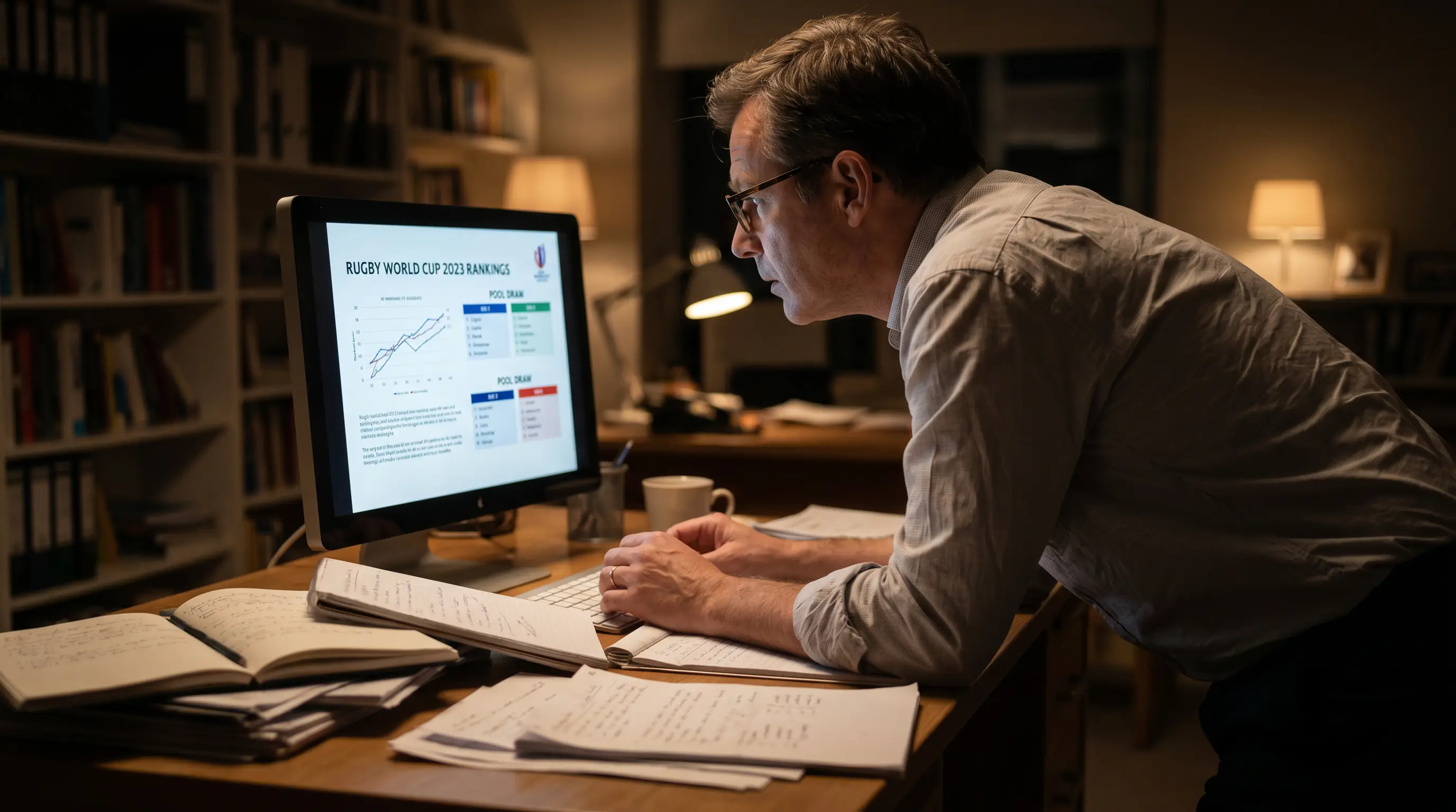 Analyst reviewing Rugby World Cup pool draw on screen with team rankings and seedings listed