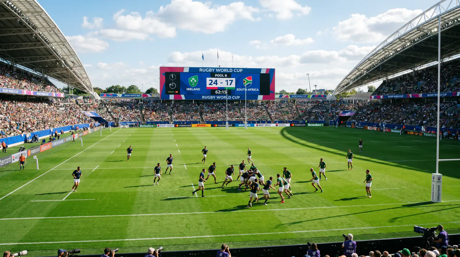 Rugby world cup pool stage match action with two teams competing on the pitch