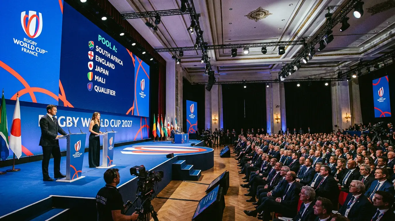 Rugby pool draw ceremony with team names being placed into six groups on stage
