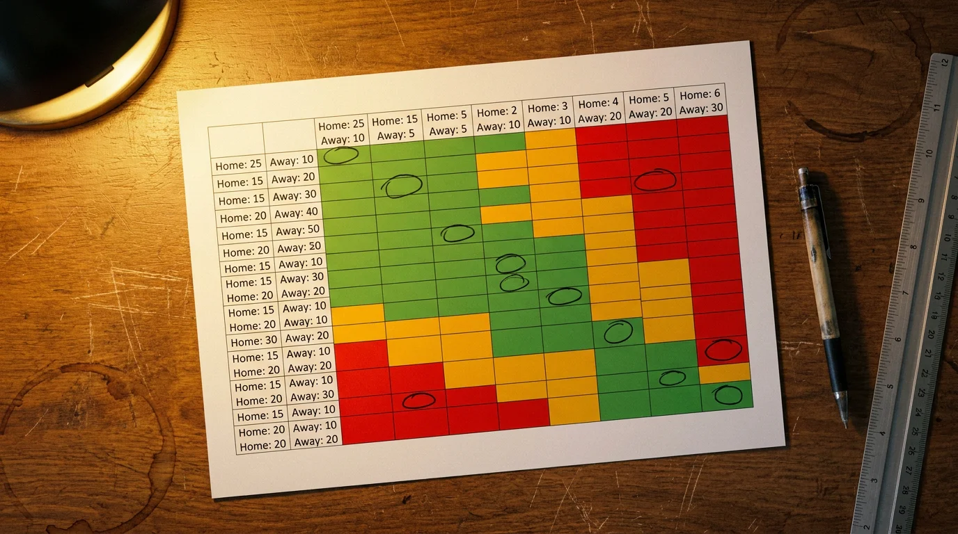 Colour-coded spreadsheet mapping probable rugby scorelines by combination