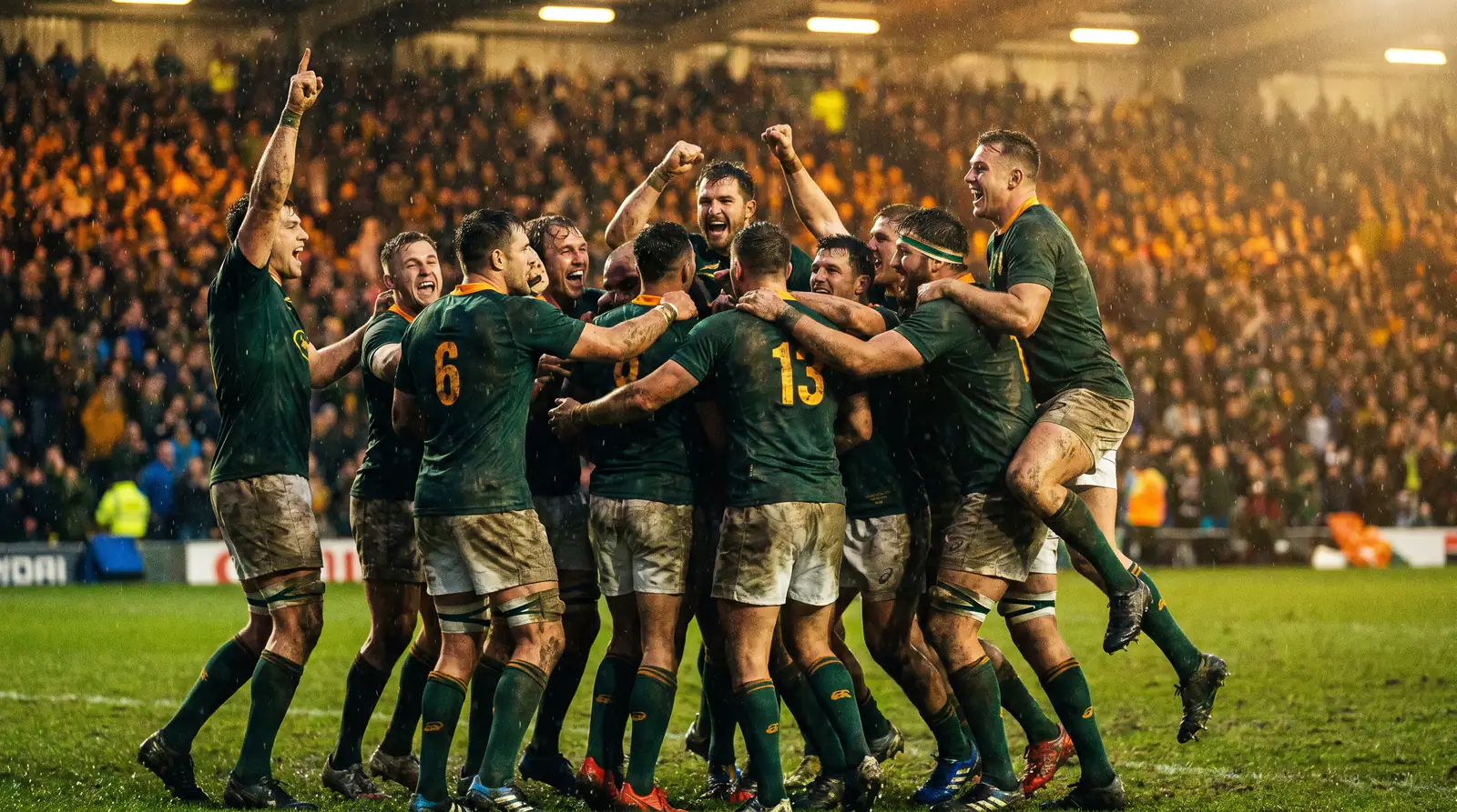 South African rugby players celebrating as defending Rugby World Cup champions