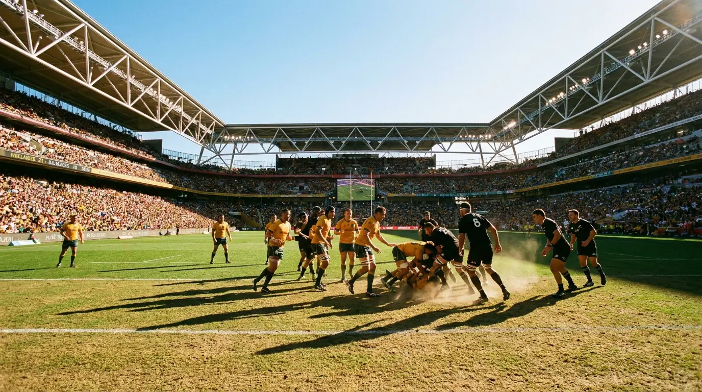 Rugby match on fast firm Australian pitch under bright sunshine in outdoor stadium