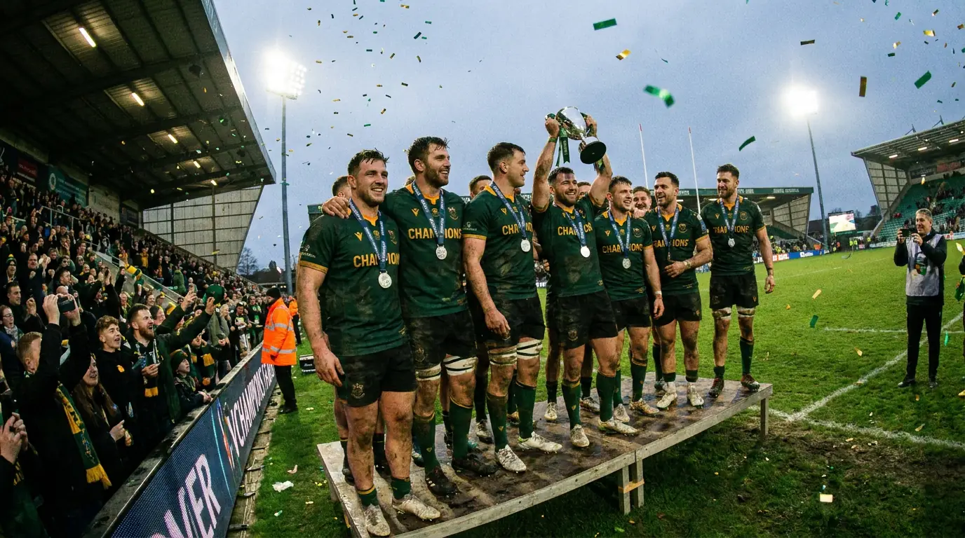 South Africa rugby players wearing gold medals after defending World Cup championship