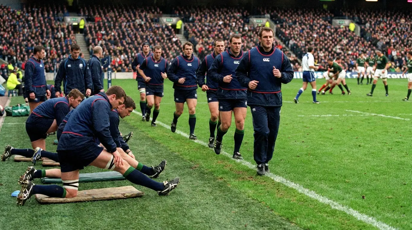 Springboks replacement forwards warming up on sideline ready for second-half rotation