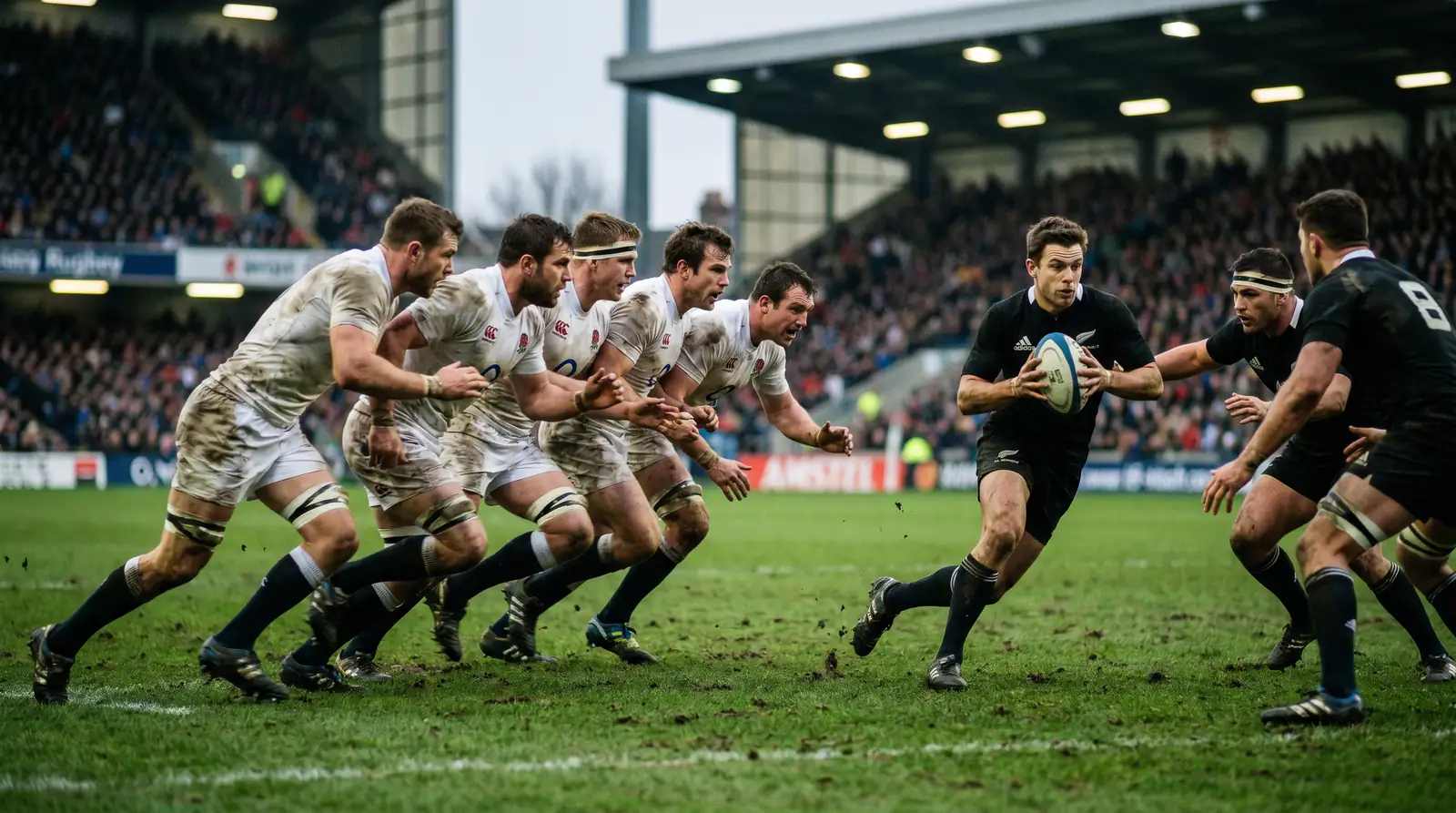 South Africa defensive line rushing up in formation to pressure opposition fly-half with rugby ball