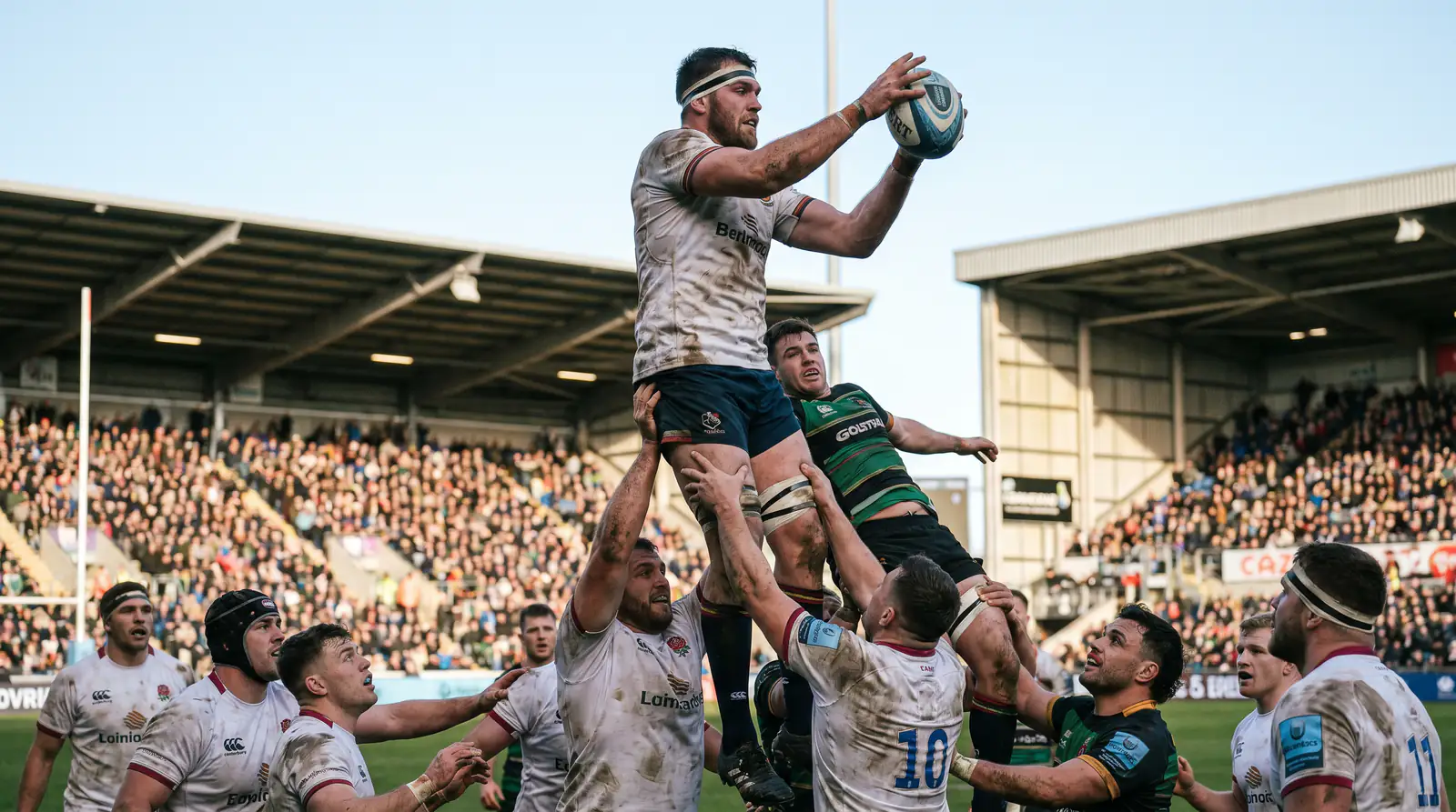 Powerful rugby scrum with Springboks pack driving forward at international test match lineout