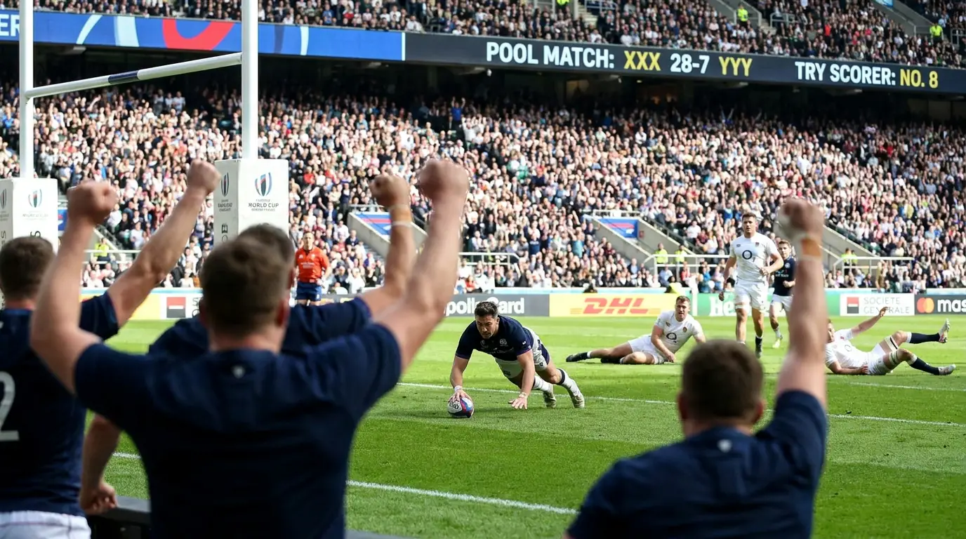Dominant rugby team scoring try against lower-ranked opponent in World Cup pool match