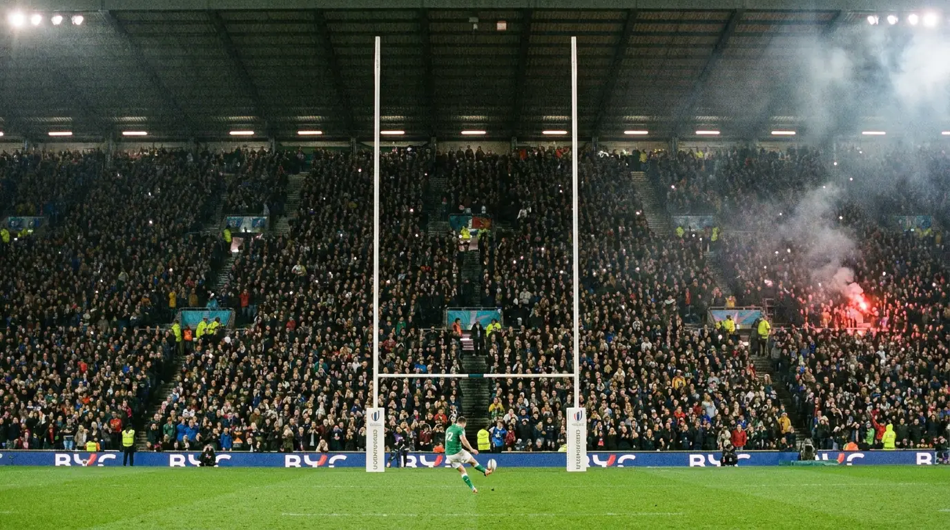 Penalty kick under pressure during a tight Rugby World Cup contest