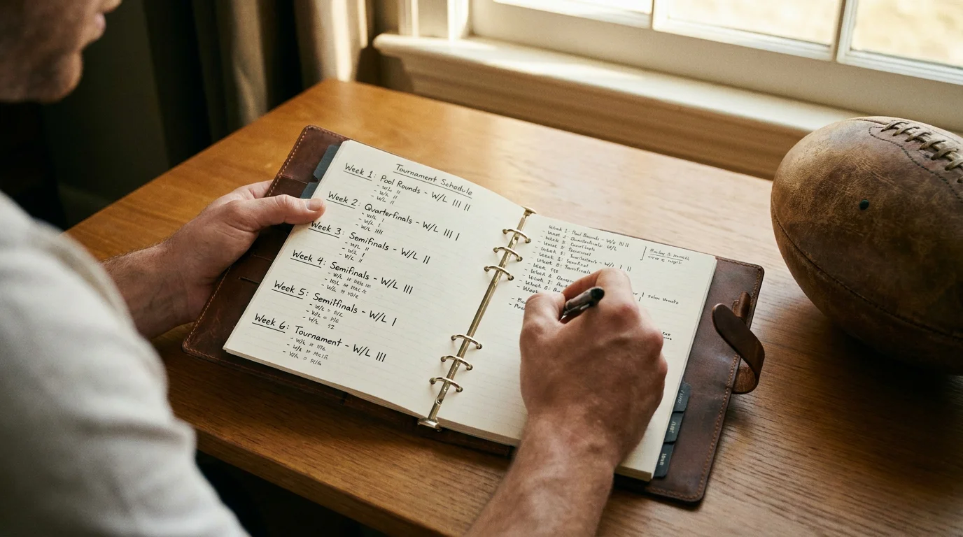 Bettor planning a six-week rugby world cup staking strategy with a notebook and schedule