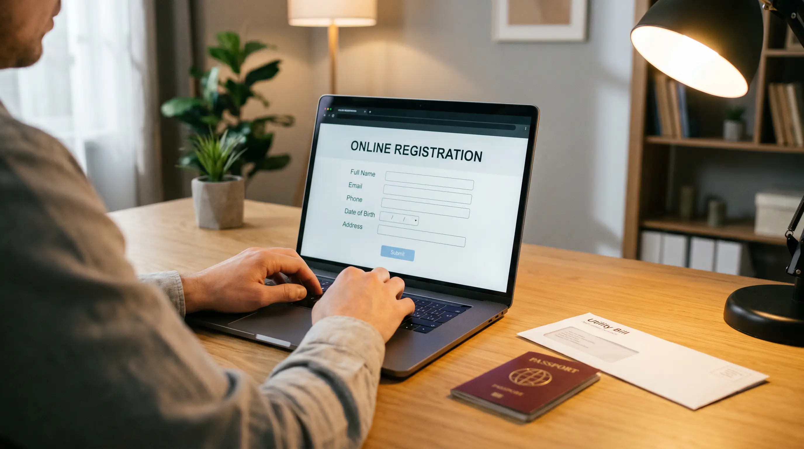 Person completing a sports betting account registration on a laptop