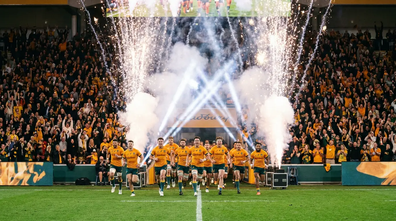Wallabies rugby team running onto pitch to roaring home crowd for tournament opening match