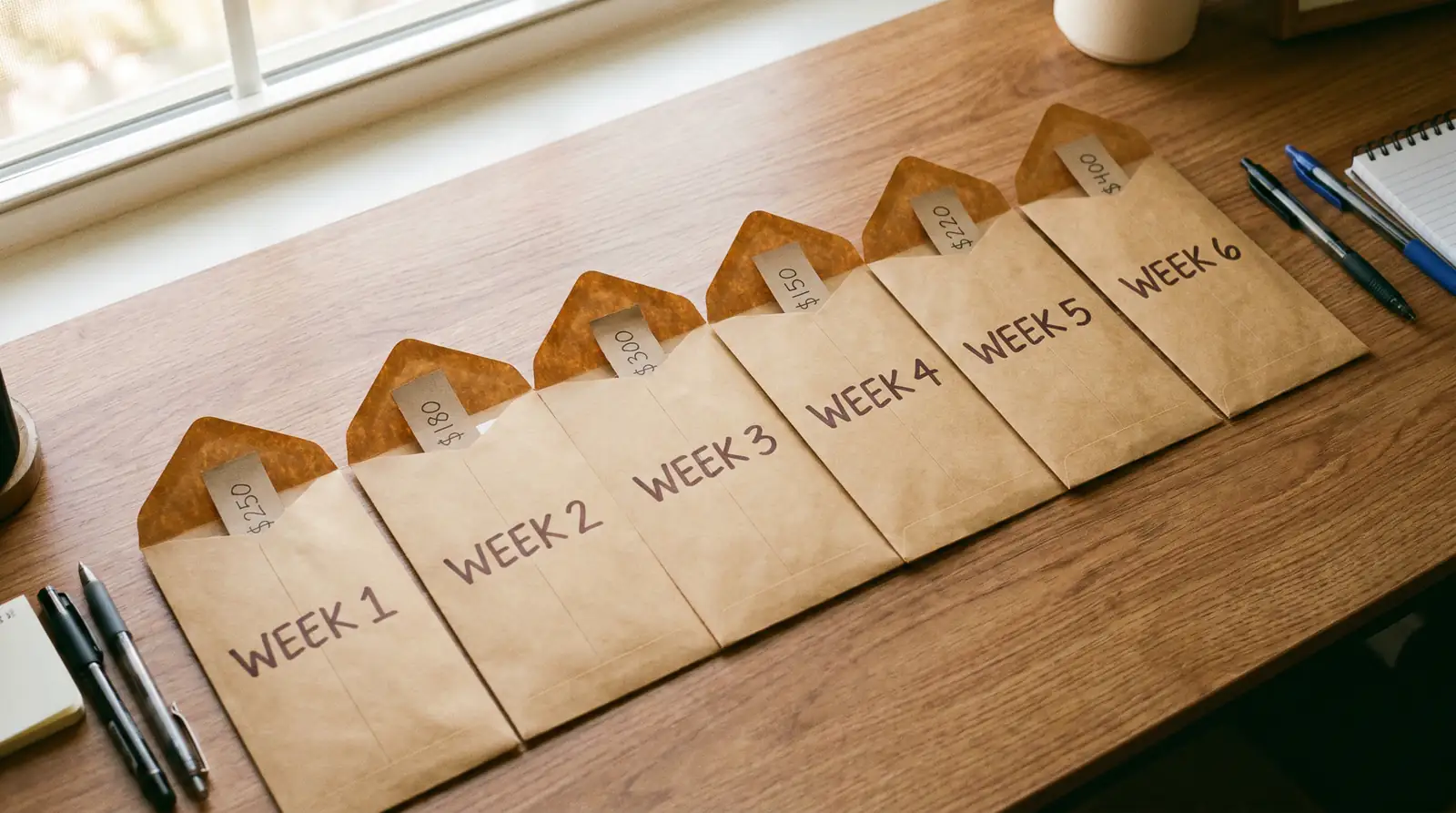 Weekly envelope system dividing tournament bankroll across six weeks