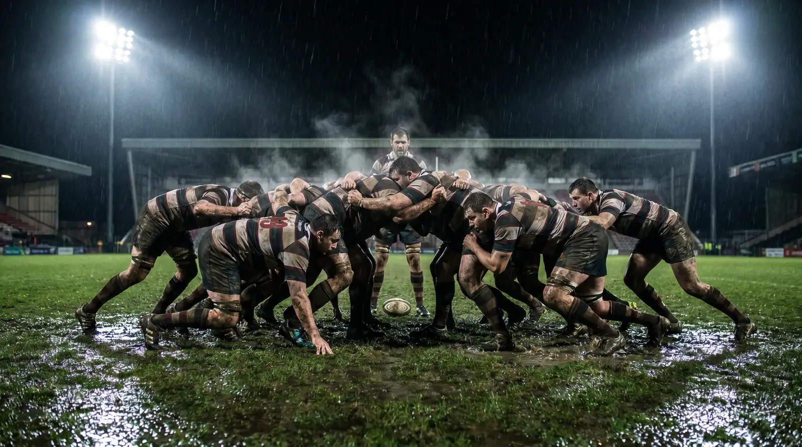 Rugby forwards engaged in scrum on rain-soaked pitch under floodlights