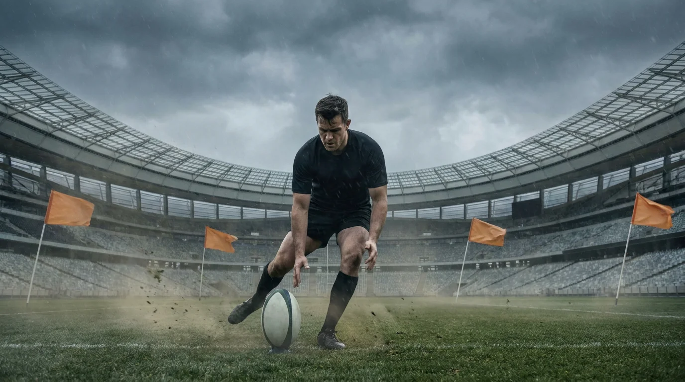 Rugby goal kicker adjusting for strong crosswind during a match